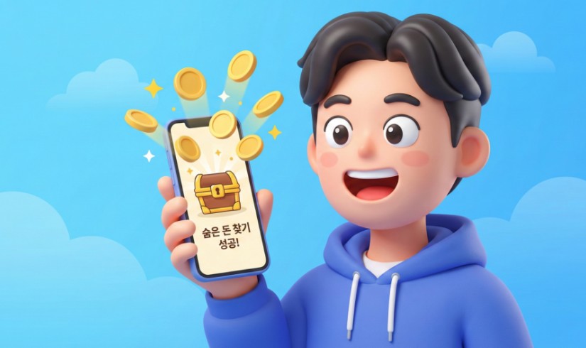 스마트폰으로 숨은 정부지원금 찾기 조회를 통해 환급금을 발견하고 기뻐하는 사람의 일러스트