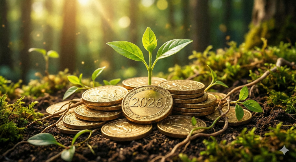 2026년 성공적인 자금 확보와 사업 성장을 상징하는 금화와 새싹 이미지