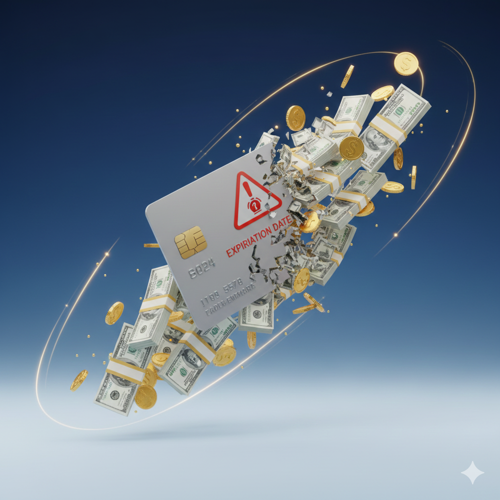신용카드에서 포인트가 쏟아져 나와 현금 다발로 변하는 이미지, 낭비되는 포인트 경고