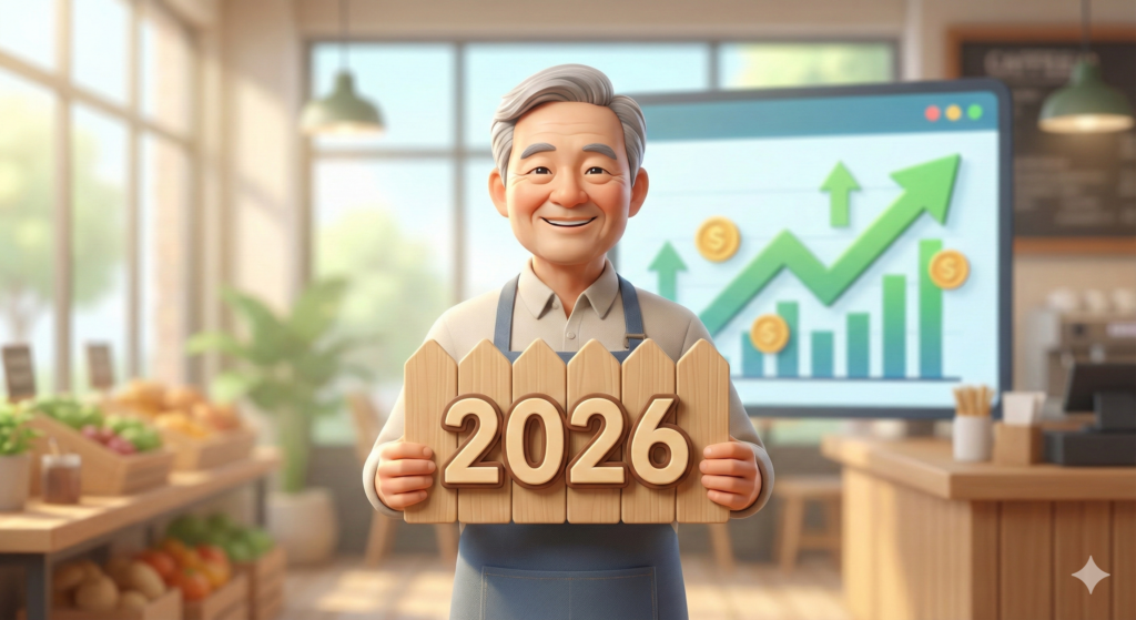 2026년 소상공인 정책자금 확보를 위해 파이팅하는 한국인 사업가와 상승하는 매출 그래프