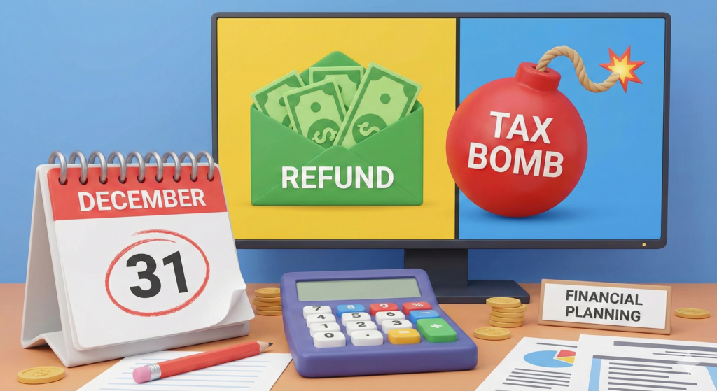12월 달력 위에서 계산기를 두드리며 고민하는 사람, 한쪽에는 환급금 봉투, 다른 쪽에는 세금 고지서가 놓인 대비되는 모습