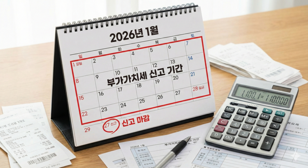 2026년 1월 부가가치세 신고 기간 달력과 계산기 이미지