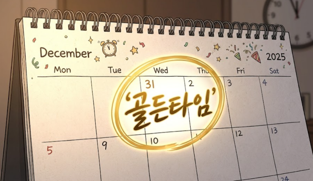 12월 31일 달력에 '골든타임'이라고 표시된 일러스트 이미지