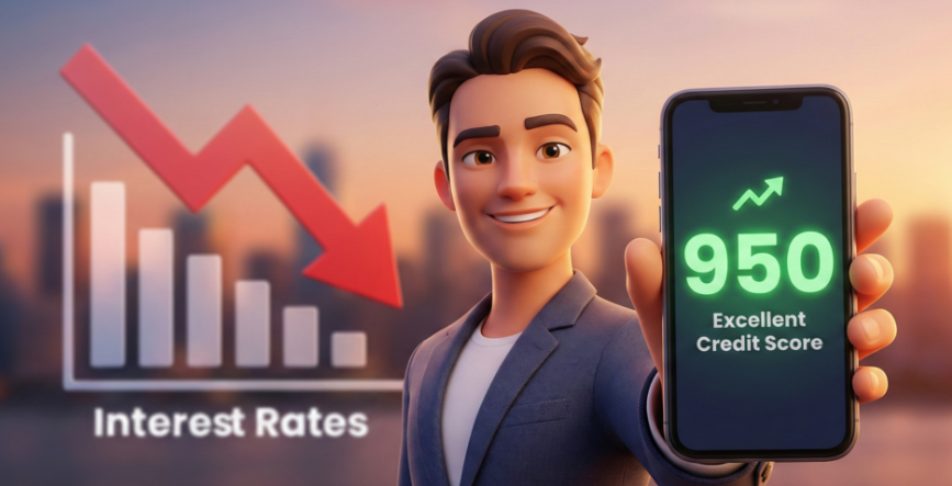 높은 신용점수 950점을 확인하고 기뻐하는 사람과 하락하는 대출 금리 그래프