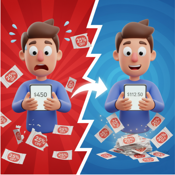 높은 통신비 고지서를 보고 한숨 쉬는 사람과 25% 할인 쿠폰이 날아다니는 이미지, 돈이 새어나가는 구멍을 막는 모습